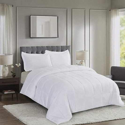 HIG 3pc Down Alternative Comforter Set - All Season Reversible Comforter with Two Sham - Quilted Duvet Insert with Corner Tabs - Box Stitched - Breathable, Soft, Fluffy (Twin/Twin XL, Pure White)