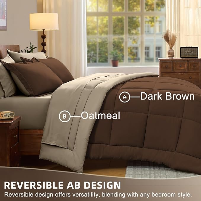 FUANNA King Size Comforter Set 7 Pieces, Reversible Bedding Sets with All Season Comforter, Bed in a Bag Includes Comforter, Flat Sheet, Fitted Sheet, Pillowcases & Shams, Dark Brown & Oatmeal