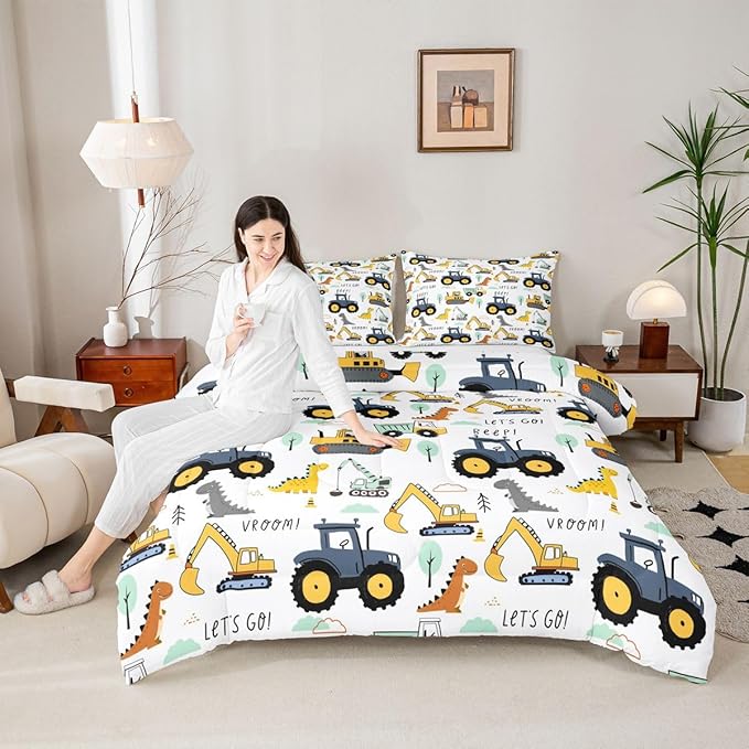 Cartoon Car Kids Comforter Set King, Excavator Tractor Bedding Set for Child Teens, Dinosaur Comforter Equipment Truck Quilted Duvet, Heavy Machinery Construction Bedding Comforter with 2 Pillowcases