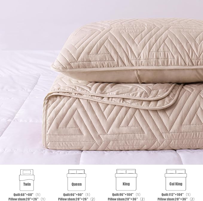 Whale Flotilla Soft King Size Quilt Set for All Seasons, 3-Piece Ultrasonic Geometric Quilts Bedding Set, Lightweight Reversible Bedspread, Coverlet, Bed Cover with 2 Pillow Shams, Brich Beige