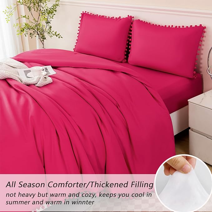 PERFEMET 5 Piece Hot Pink Bed in A Bag Queen Size Set Boho Pom Pom Comforter with Sheet Set Soft Fluffy Solid Bedding Set for Girls Women(Hot Pink, Queen)