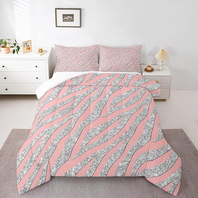 Feelyou Women Leopard Bedding Set Girls Pink Silver Print Comforter for Kids Boys Teens Glitter Zebra Safari Animal Quilt Room Decor Duvet All Season King Size