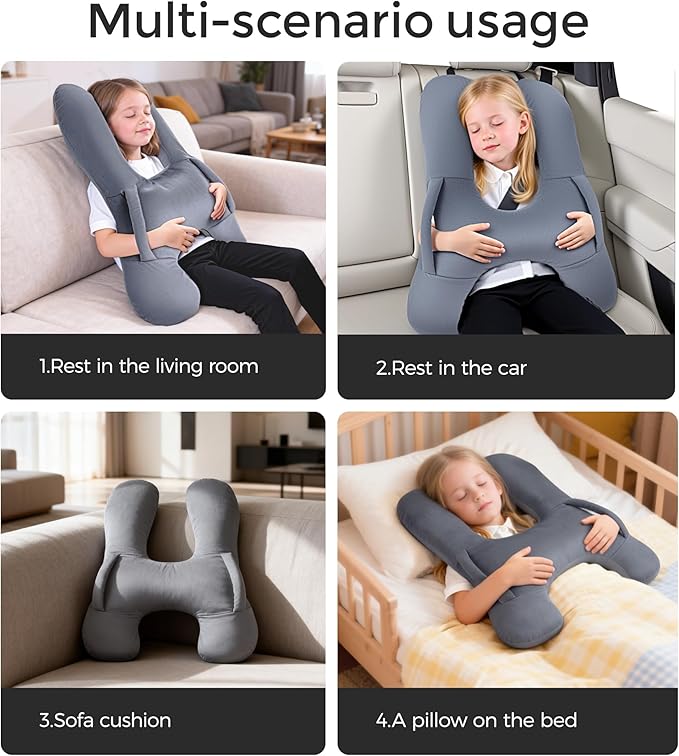 BEBAS U-Shaped Kids Travel Pillow for Car Travel Accessories for Children Adults - Soft Breathable Supports Neck Head for Sleeping - Adjustable Strap for Airplane Long Road Trip (Grey, H-Shape)