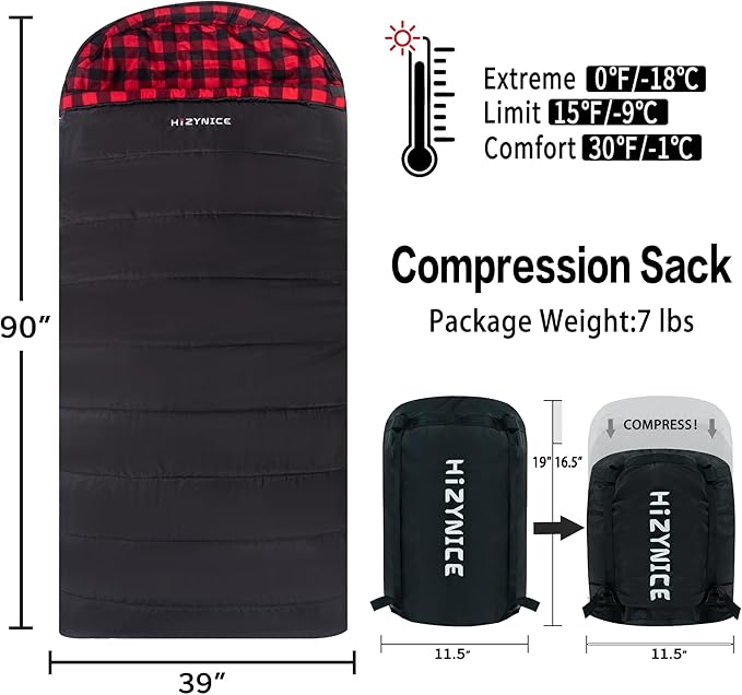 Cold Weather Sleeping Bag 100% Cotton Flannel XXL for Adults Big and Tall,Free Compression Sack