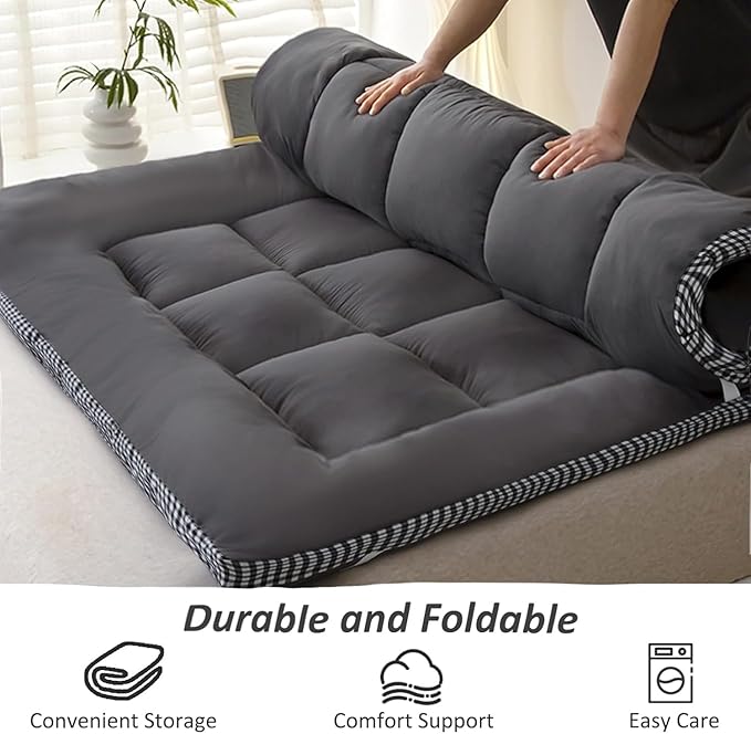 Thick Mattress Topper Full Size - Non-Slip Mattress Pad Cover for Back Pain Breathable Folding Sleeping Pad Machine Washable Mattress Protector (54x75 inch,Black)