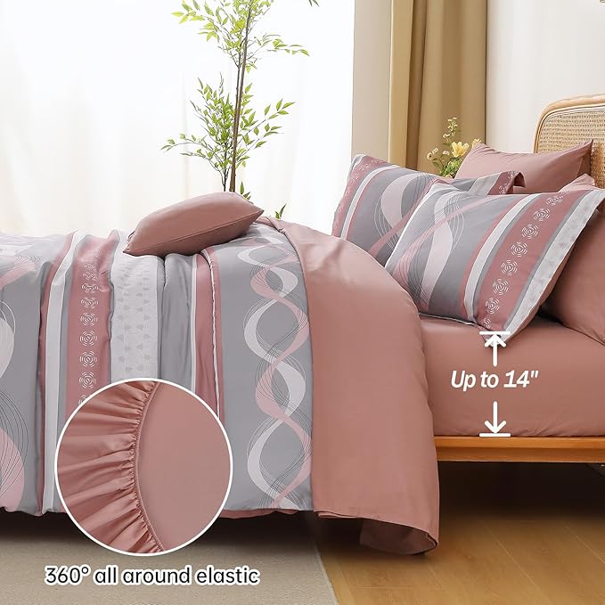 Anibedding Pink Comforter Set Queen Size, 8 Pieces Striped Bed in a Bag Patchwork Bedding Sets, Soft Microfiber Boho Bedding Set for All Season(90"×90")