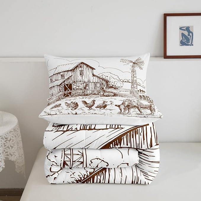 Windmill Comforter Set King, Rustic Barn Farmhouse Bedding, Chick Cow Farm Animals Down Comforter, Hand Drawn Illustration Bedding Comforters, Countryside Rural Meadow Room Decor Duvet Set, Taupe
