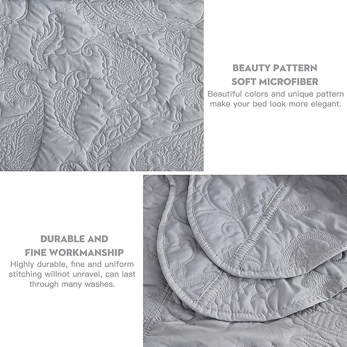 HZ & HY Oversized King Bedspread, Quilted Coverlet Bedding Set, Lightweight Thin Comforter, Reversible, Luxurious, 5 Piece, 100% Microfiber, Grey