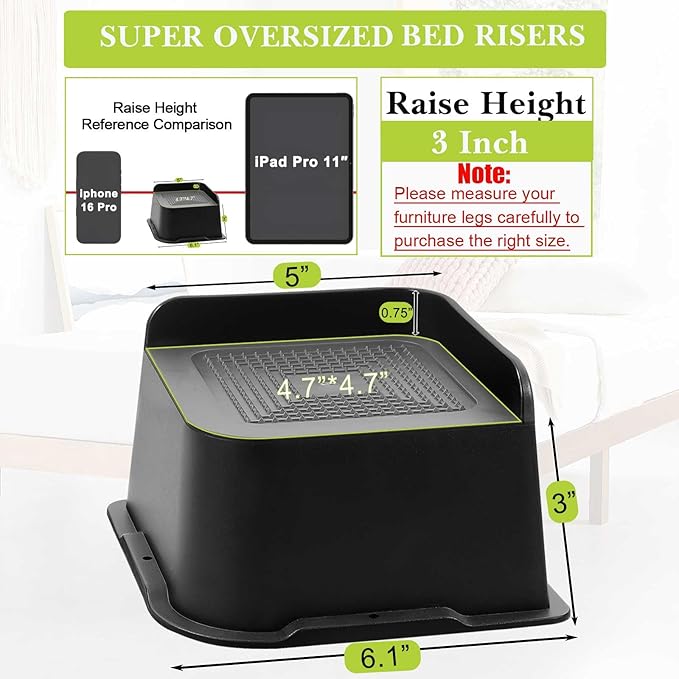 Bed Risers 2 inch, 3 inch, 4 inch, 6 inch, 8 inch Heavy Duty, Oversized Furniture Riser for Couch Sofa Table Chair Leg Frame Dorm, Support up to 6000 Lbs (Black 4 Pack, 3 inch)