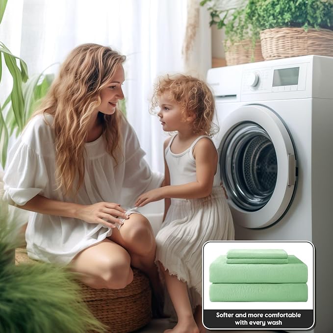 SONORO KATE 100% French Pure Linen Sheets, Breathable and Durable Linen Queen Size Sheets, Anti-Tear Linen Bed Sheets, Machine Washable, 16 Inch Deep Pocket - 4 Piece (Green, Queen)