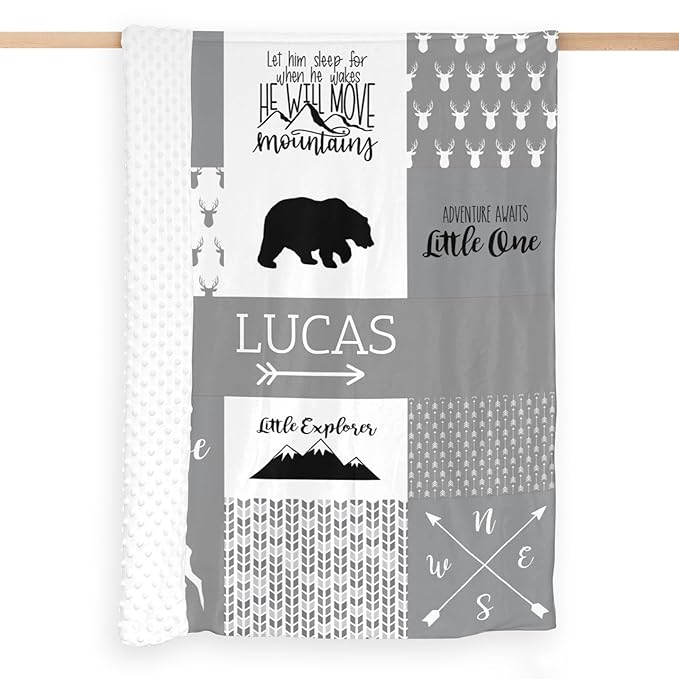 Personalized Baby Blanket for Boys, 35x45 Inches Soft Double Layer Baby Blankets with Dotted Backing, Receiving Blanket Bed Throws for Newborn, Infant, Babies, Bear, Frost Gray