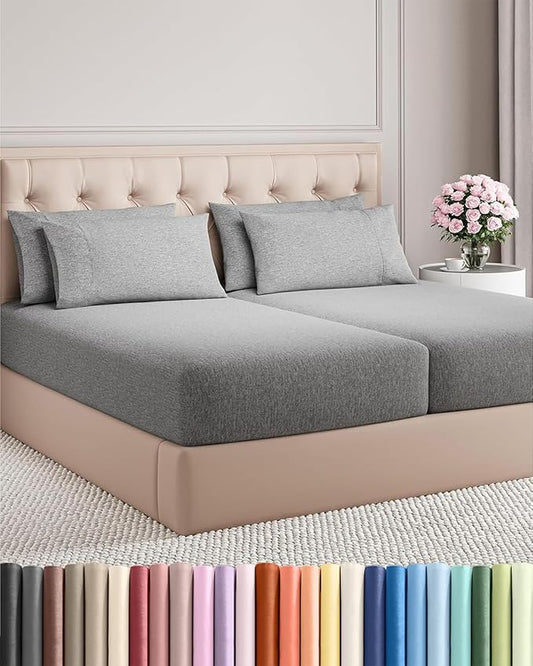 Split King 7 Piece Sheet Set - Comfy Breathable & Cooling - Soft Hotel Luxury Bedding Set w/ 8-16 Inch Deep Pockets - 1 Flat & 2 Fitted Sheet & 4 Pillowcases - Cozy and Wrinkle Free - Heathered Grey
