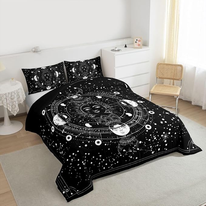 Feelyou Sun Moon Comforter King Size Black White Psychedelic Constellation Comforter Set Boho Exotic Mandala Bedding Set Galaxy Astrology Space Duvet Set Soft Chic Mystic Star Room Decor Quilt Boys