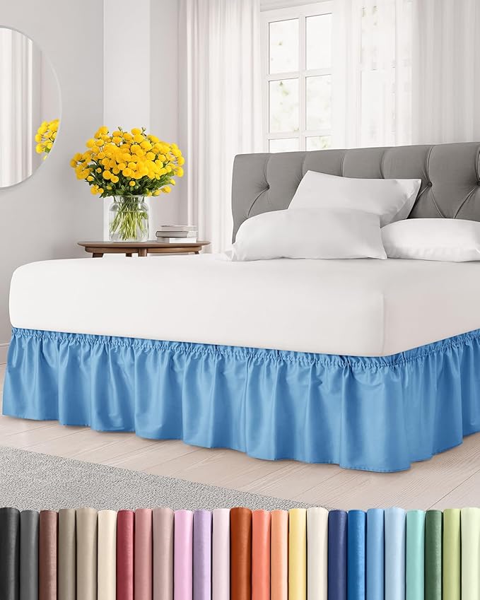 Wrap Around Dust Ruffle Bed Skirt - Denim Blue - Twin/Twin XL Size Beds with 24 Inch Drop - Elastic Strap - Adjustable Pleated Bedskirt with Brushed Fabric and Wrinkle Free - Women, Men, Kids & Teens