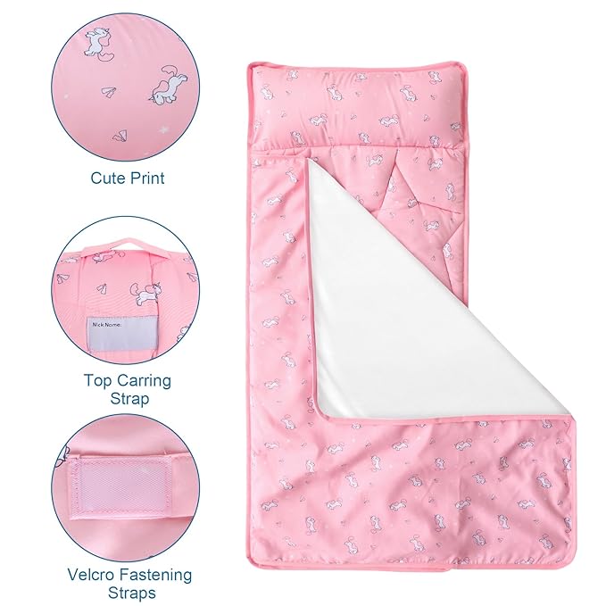Toddler Nap Mat with Blanket 50" x 21" x 1.5", Nap Mat for Boys Girls Super Soft and Cozy, Kids Sleeping Bag for Preschool, Daycare, Toddler Sleeping Bag, Pink Horse