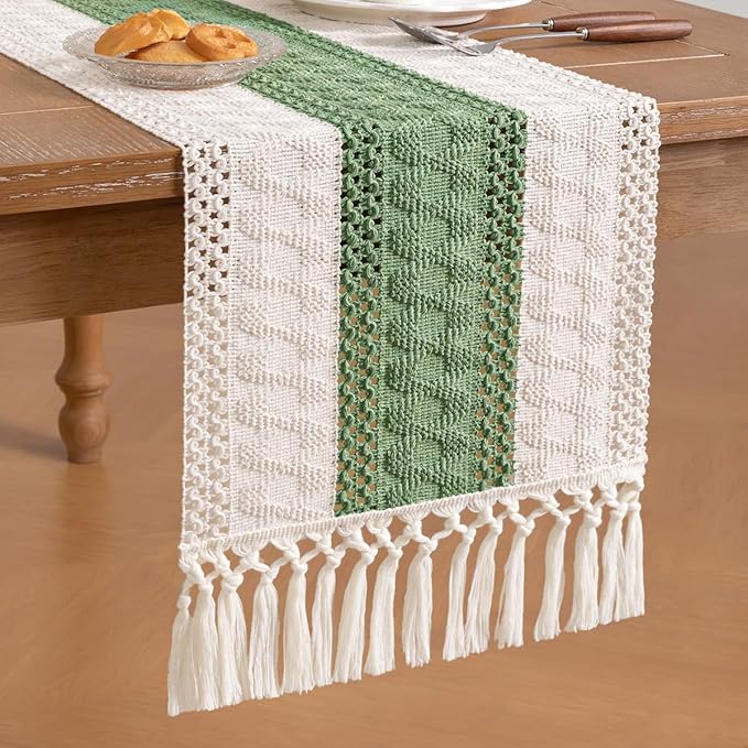 Socomi Sage Green Boho Table Runner Easter Spring Farmhouse Rustic Dining Kitchen Centerpiece Decor Small Macrame Woven Cotton Linen Coffee Table Runner for Dresser Scarf Home Decor 12x72 inch