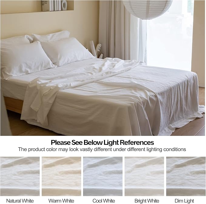 Simple&Opulence Belgian Linen Sheet Set Solid Color - 6 Pieces (1 Flat Sheet & 1 Fitted Sheet & 4 Pillowcases) 16" Deep Pocket Natural Flax Cotton Blended Soft Bedding - White, King Size