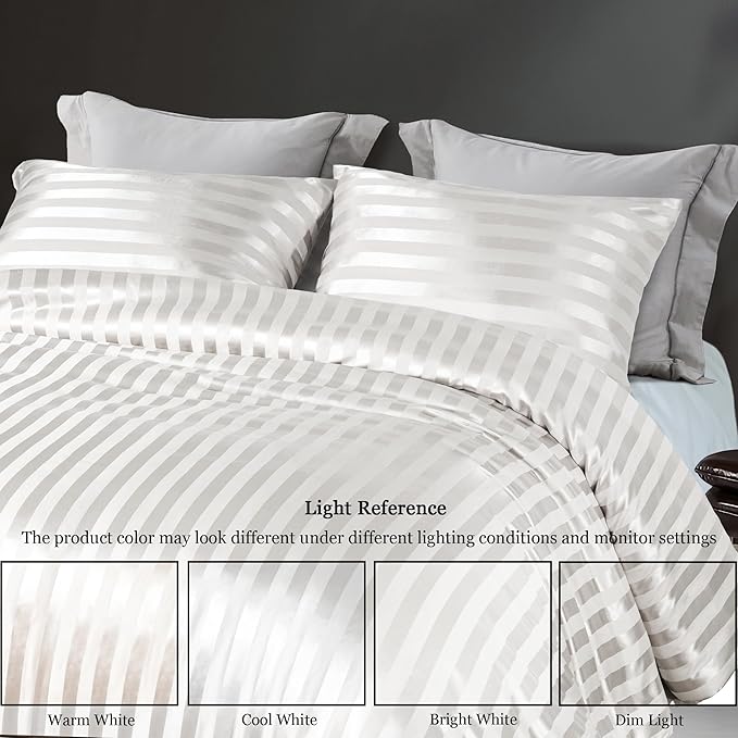 Whale Flotilla 3-Piece Reversible Silky Soft King Size Comforter Set, Luxury Stripe Satin Oversized Comforter Bedding Set with 2 Satin Pillowcases, Lightweight Duvet for All Seasons, White