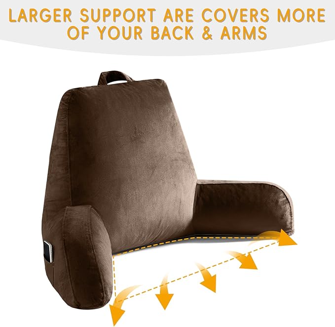 Reading Pillow for Sitting in Bed Adult, Reading Pillow with Shredded Memory Foam, Back Pillow for Sitting Up with Extend Arms, Pockets, Bed Pillow with Washable Cover,Brown, X-Large