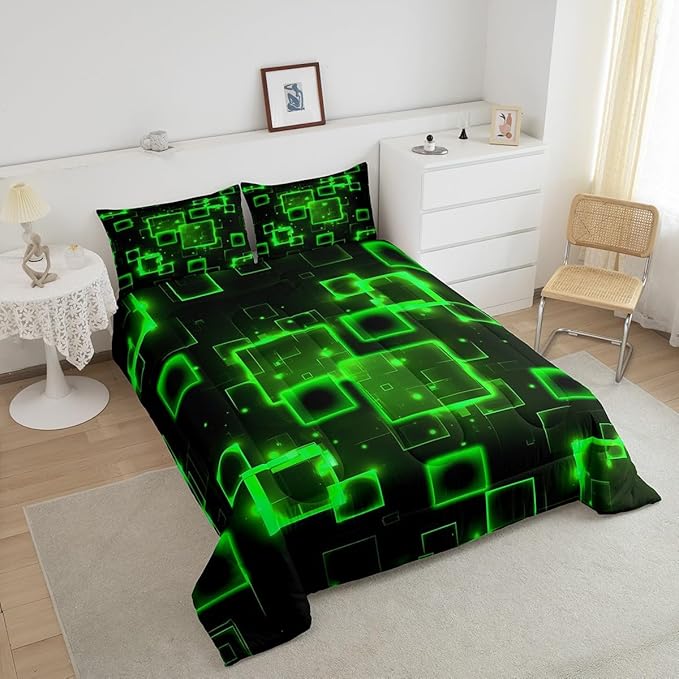Feelyou Geometric Green Black Comforter Set Full Size, Kids Light Honeycomb Bedding Set Geometrics Comforter Abstract Duvet Insert Bed Set 3Pcs