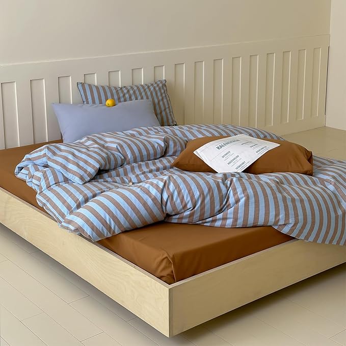 LifeTB Vintage Striped Comforter Set Full, 3 Pieces Blue Brown Stripes Pattern Printed Bedding Set, Fluffy Soft Lightweight Bedding Comforter Set, Farmhouse Striped Bed Comforter with 2 Pillowcases