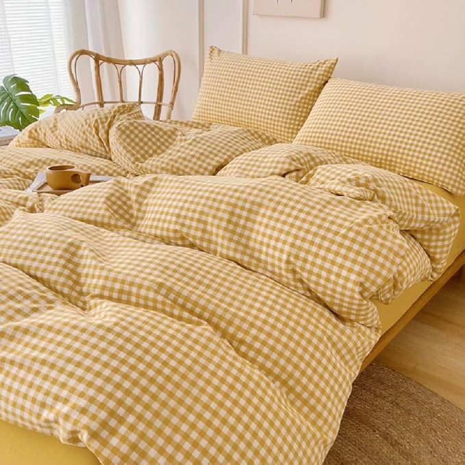 LifeTB Twin XL Comforter Set 3 Pieces Yellow Gingham Comforter Set Geometric Checkered Plaid Printed Bedding Comforter for All Seasons Fluffy Soft Lightweight Gingham Plaid Bedding Set Twin XL