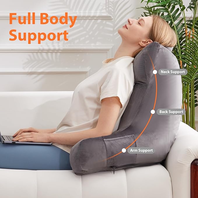 Reading Pillow with Arms for Adult, Back Pillow for Bed Sitting Up, Shredded Memory Foam Backrest Pillow with Pockets & Removable Washable Cover, Lounging, Watching TV, Reading(24inch Grey)
