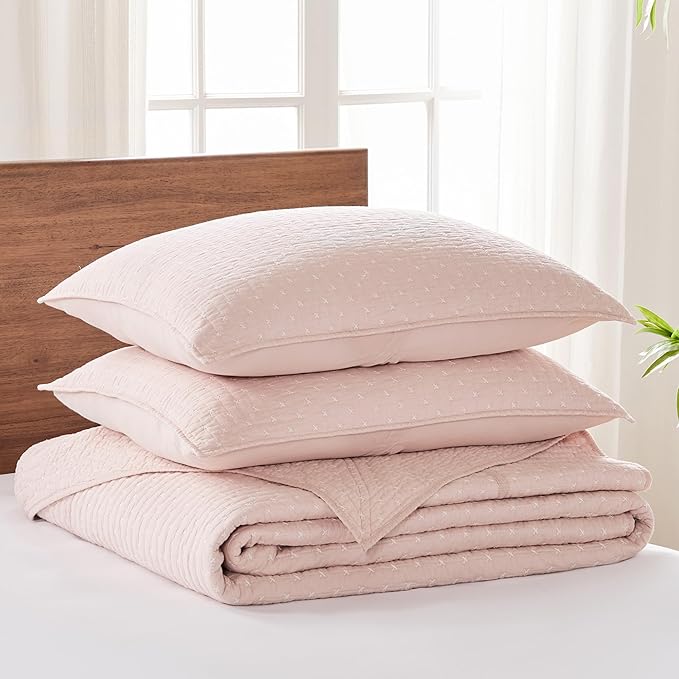 Levtex Home Cross Stitch Blush Bedspread Set - Full Bedspread, 2 Shams - Cotton, 3 Pieces