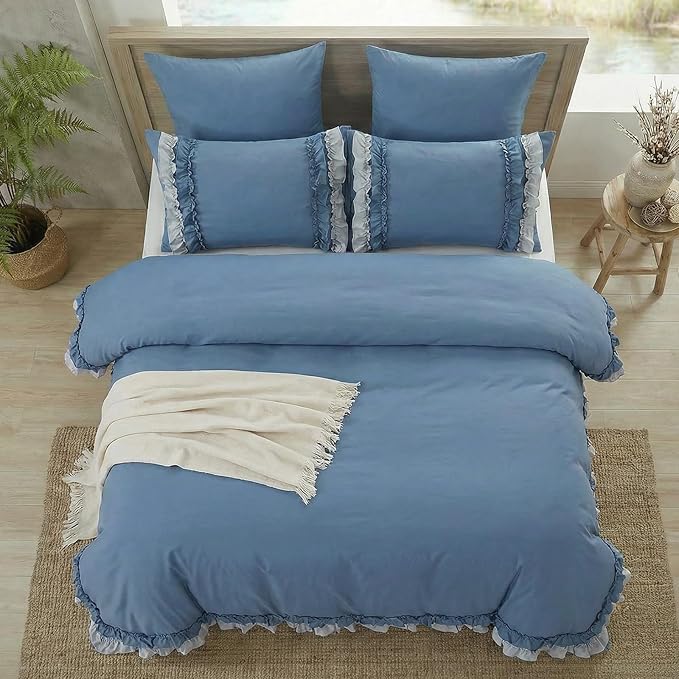 Blue Ruffle Duvet Cover Set Shabby Chic Boho Bedding Queen Elegant Lace Fringe Ruffled Bedding Super Soft Lightweight All Season Duvet Cover with Pillowcases