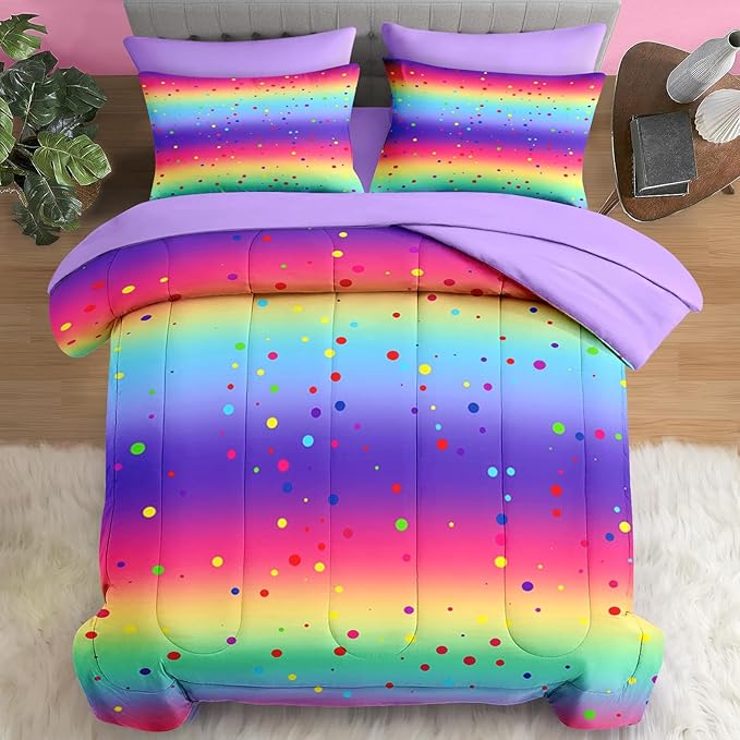 Comforter Set Twin Size, Cute Rainbow Polka Dot 5 Pcs Bedding for Kids and Adults, Colorful Glitter Bed Sheet Sets with Fitted Sheet Pillowcase & Sham for Bedroom Bed Decor