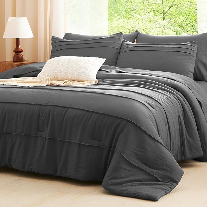 CozyLux King Size Comforter Set Dark Grey, 7 Pieces Soft Pinch Pleat Bed in a Bag King Comforter Set with Sheets, Boho Bed Set with Down Alternative Comforter, Sheets, Pillowcases & Shams