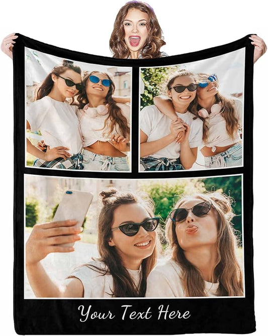 Customize Blankets with Photos, 3 Photos Customizable Blanket Personalized Blankets and Throws Best Friend Blanket for Besties BBF Friendship Gifts for Women