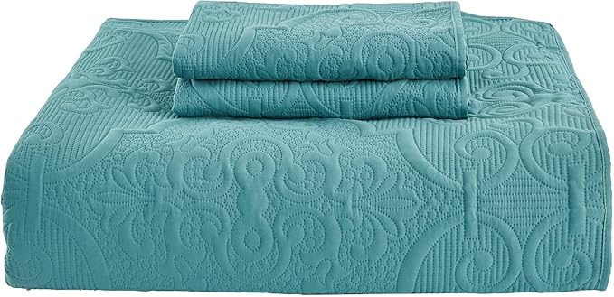 CHIXIN Quilt Twin Size - Damask Paisley Bedspread Coverlet Set - Classic & Gorgeous Style Bedding Cover, Ultrasonic Quilting, Reversible, Lightweight, 4 Piece, Lagoon