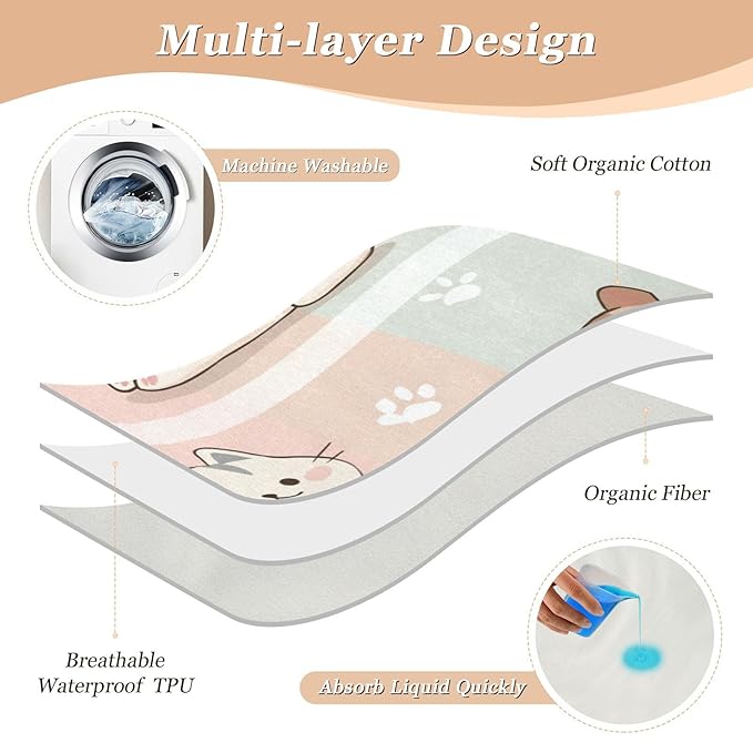 Waterproof Bed Pad Reusable Changing Pad Toddler Mattress Protector Large Pee Pad Baby Diaper Pad Soft Washable Liner Pink Kitten Stripe