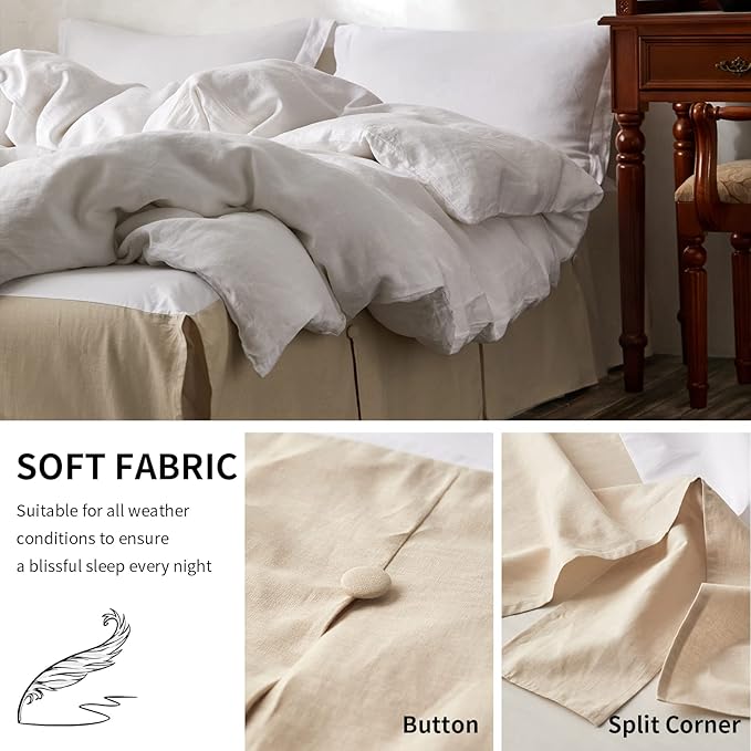BISELINA French Linen Bed Skirt Split Corner with Button 18-Inch Tailored Drop Natural Flax Cotton Blend Basic Dust Ruffle Soft Cozy (18" Queen,Button Linen)