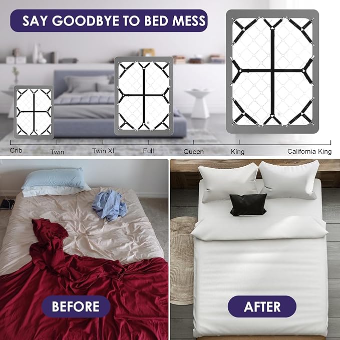 Bed Sheet Straps,6 PCS Secure and Fitted Sheet Straps for Full Size Bed,Adjustable Sheet Clips Elastic Fasteners Holders for Corners,Enhance Your Sleeping Experience(Black)