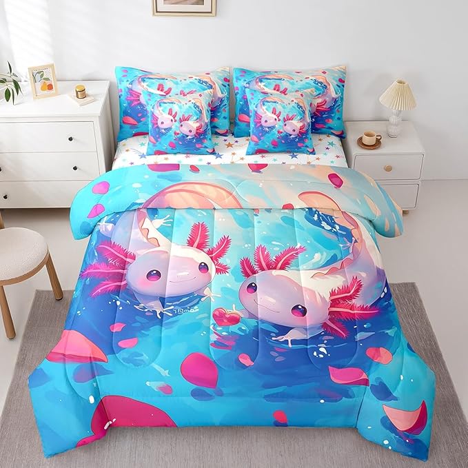 Feelyou Kids Cute Axolotl Bed in A Bag Twin Size, Ocean Sealife 7 Pieces Bedding Set Boys Girls Cartoon Animal Comforter Set with Sheets Kawaii Teens Bed Set Bedroom Decor 7Pcs