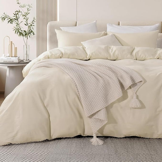NEXHOME PRO Duvet Cover Set 100% Washed Cotton Full Size Linen Feel Textured Organic Natural 3 Pieces Bedding Set with Zipper Closure and Corner Ties, Breathable(Cream Grey, No Comforter)