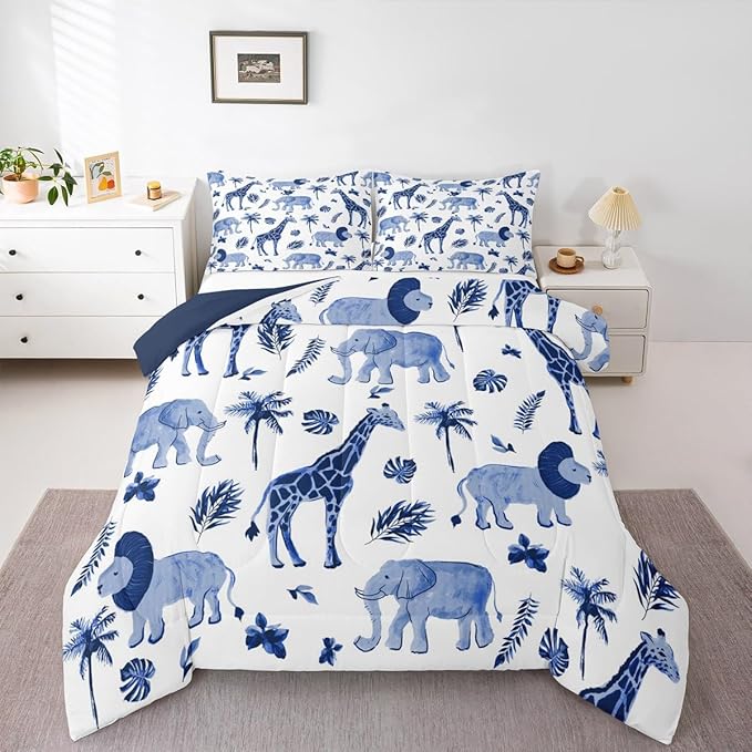 Feelyou Jungle Animals Comforter Toddler Size Elephant Lion Giraffe Animal Bedding Sets African Safari Animal Comforter Set for Kids Boys Girls Hunter Blue Rust Wildlife Down Comforter