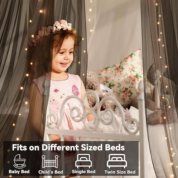 Bed Canopy with Lights, Bed Canopy for Girls Princess with Luminous Stars, Canopy Bed Curtains for Twin to King Size Bed, Baby Kids Adult Indoor Decor Bedroom Reading Nook Halloween Decoration (Black)
