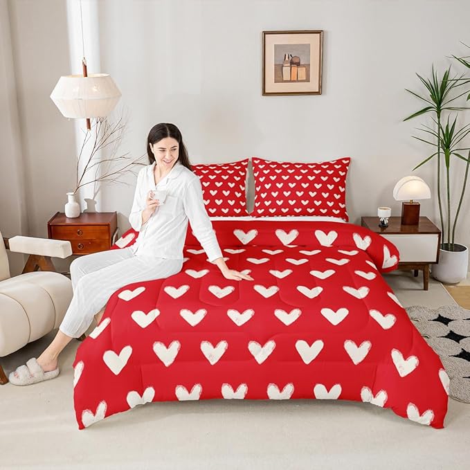 Red White Comforter Set Queen Size Cute Heart Pattern Bedding For Kids Boys Girls Valentine Day Gift Quilt Cartoon Love Geometric Duvet Insert Love Heart Soft Warm Bedding Sets Bedroom Decor 3Pcs