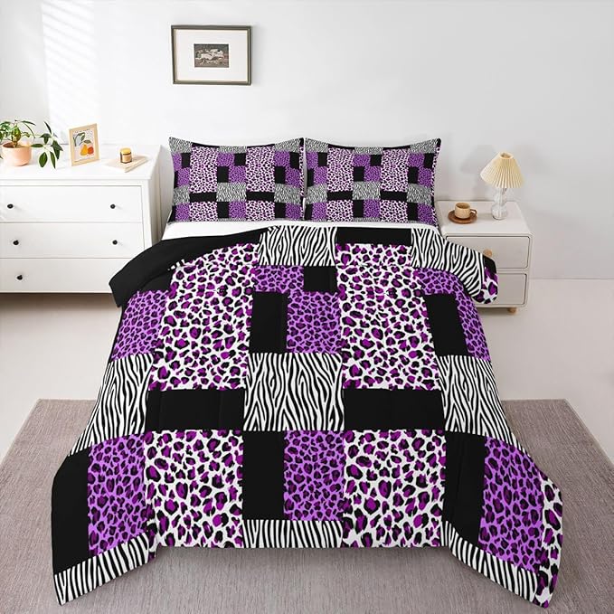 Erosebridal Purple Leopard Bedding Set Patchwork Cheetah Print Comforter Sets King Size for Girls Teens Adults Women Bedroom Black Zebra Pattern Duvet Sets Animal Skin Down Comforter 2 Piece