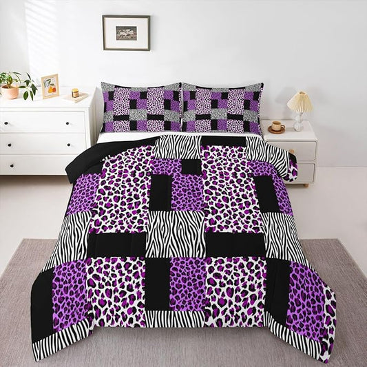 Erosebridal Patchwork Purple Cheetah Print Comforter Set Black White Zebra Bedding Set Queen for Teen Girls Women,Leopard Comforter Wild Animal Bedding Quilt with 2 Pillowcases Home Room Decor