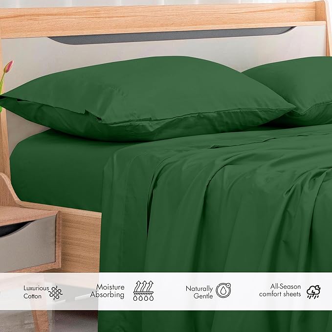 Royale Linens 300 Thread Count 100% Long Staple Combed Cotton Flat Sheet - Super Soft - Top Sheets -Full Flat Sheet Sold Separately - Breathable, Cool & Crisp Percale Sheets Only (Full, Hunter Green)