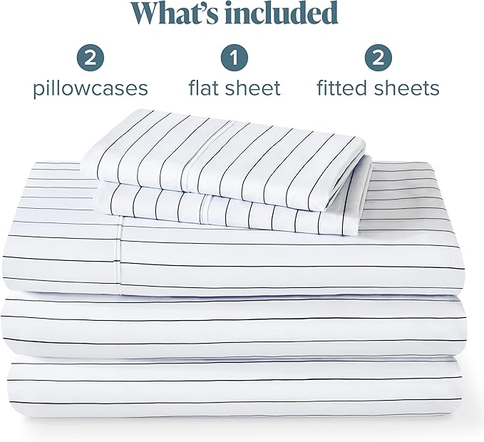 Bare Home Split King Sheet Set - 1800 Ultra-Soft Microfiber Split King Bed Sheets - Double Brushed - Deep Pockets - Easy Fit - 5 Piece Set - Bed Sheets (Split King, Pinstripe - White/Midnight)
