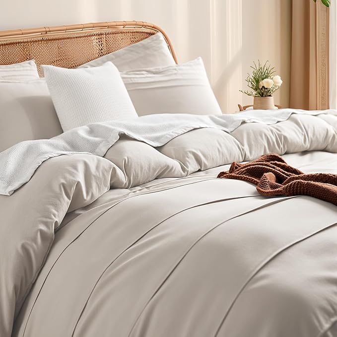 NEXHOME PRO 100% Organic Cotton Duvet Cover Oversized King Size, Linen Like Pleated Textured Tannish Linen Grey Duvet Cover Set, 3pc Bedding Set with Zipper Closure, Soft,120"x98", No Comforter