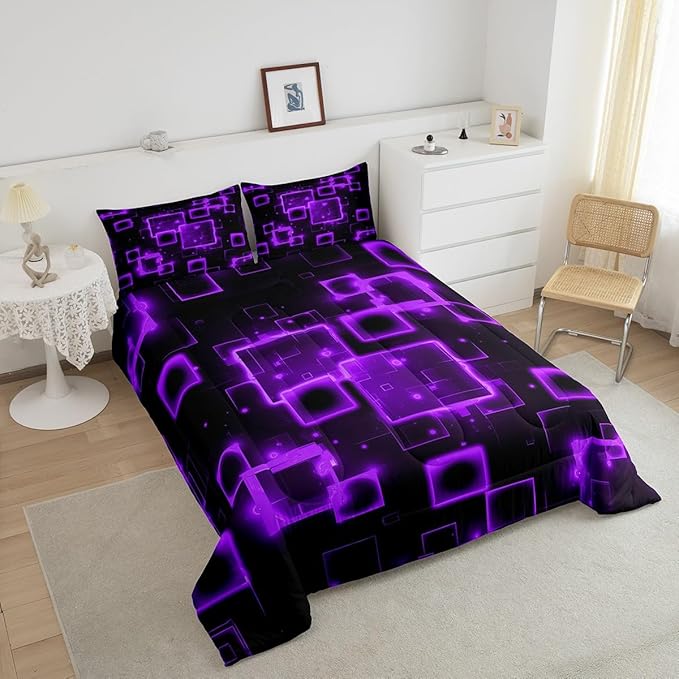 Feelyou Kids Geometric Purple Black Bedding Set Queen Size, Geometrics Comforter Set Light Honeycomb Comforter for Kids Boys Girls Abstract Duvet Insert Room Decor 3Pcs