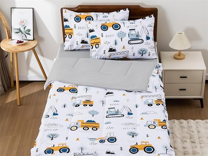 NTBED Construction Truck Printed Zipper Bedding Sets Full Lightweight Microfiber Forest Car Comforter Sets with Fitted Sheet Pillow Covers,White Grey