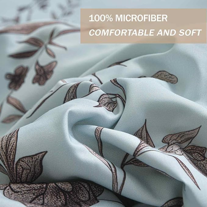 Nanko Floral Duvet Cover Set King Size, Teal Blue Brown Tan Leaf Print Pattern, Soft Microfiber Reversible Comforter Bedding Cover with Zip Ties - French Vintage Farmhouse for Women Men, 3Pcs 104x90