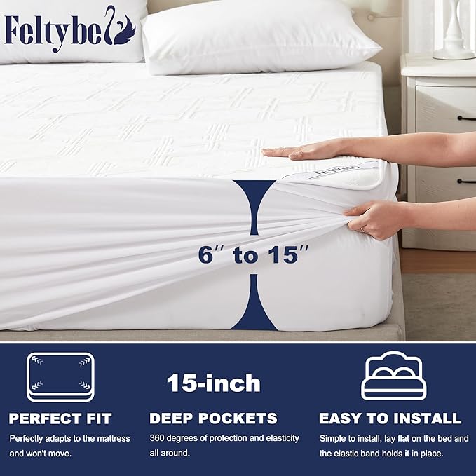 FELTYBED Waterproof Queen Size Mattress Protector, 3D Air Fabric Soft Breathable Bed Cover, Mattress Cover Fitted 6"-15" Deep Pocket, Noiseless Washable